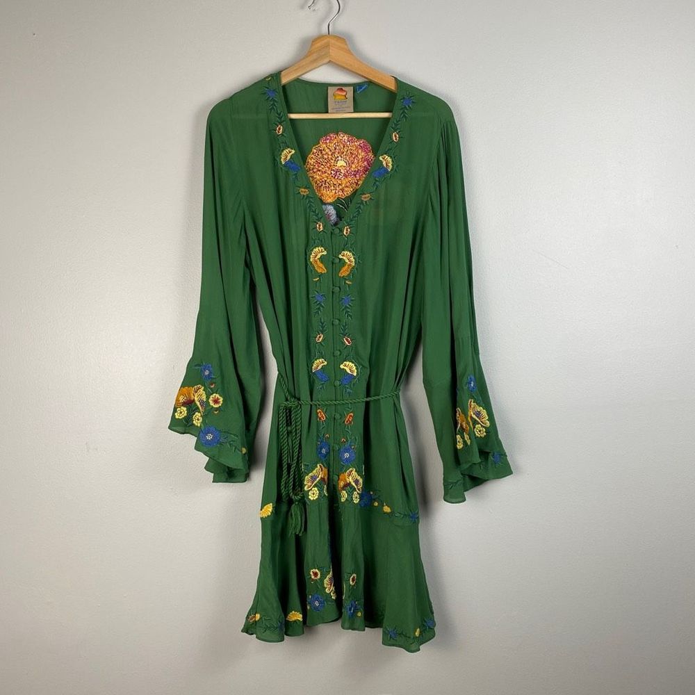 Farm Rio Jessalyn Embroidered Floral Belted Dress Green - Picture 3 of 12